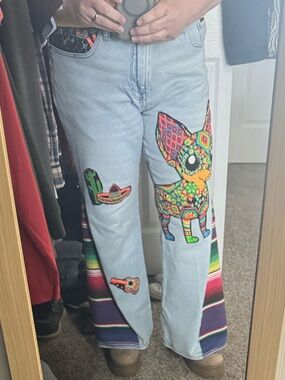 Handmade Upcycled Refashioned Light Wash Jeans with Colorful & Lace Appliqué